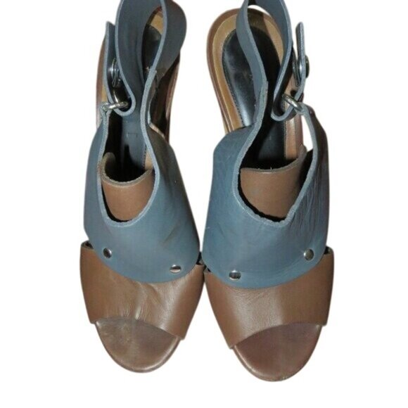 Marni Italian Leather Color Block Wooden Heeled Platform Slingback Studded Heels - Picture 3 of 14